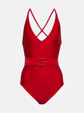 Gucci Red V‑Neck One‑Piece Swimsuit with Logo Belt